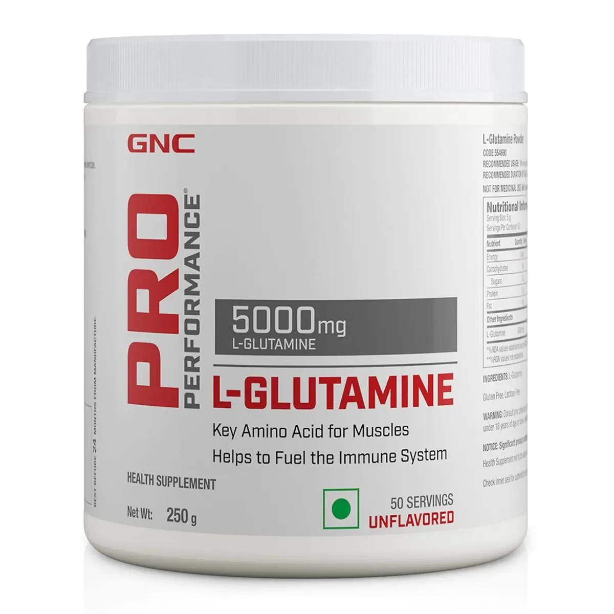 GNC PRO Performance L-Glutamine 5000 mg Unflavored Powder, 250 gm